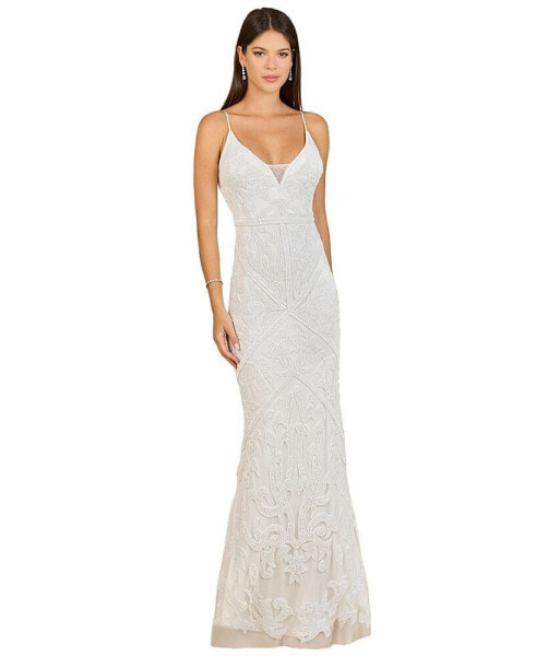 Women's Beaded Spaghetti Strap Fitted Gown