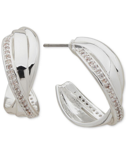 Silver-Tone Small Pavé Crossover C-Hoop Earrings, 0.79"