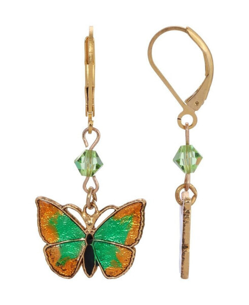 Women's Gold-Tone Drop Green and Yellow Butterfly Earrings