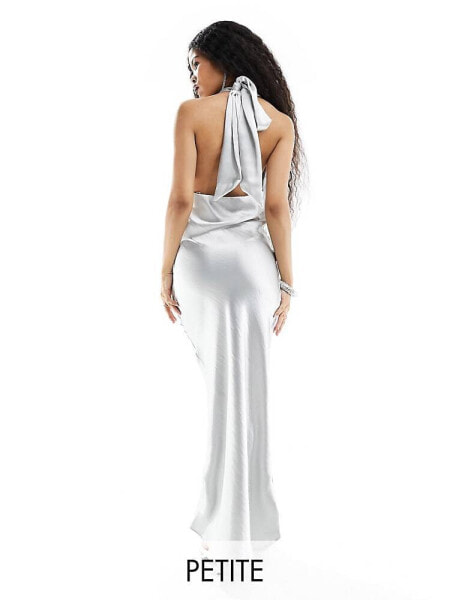 River Island Petite tie halter neck maxi dress in silver