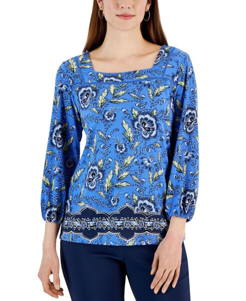 Women's Printed 3/4 Sleeve Square-Neck Top, Created for Macy's