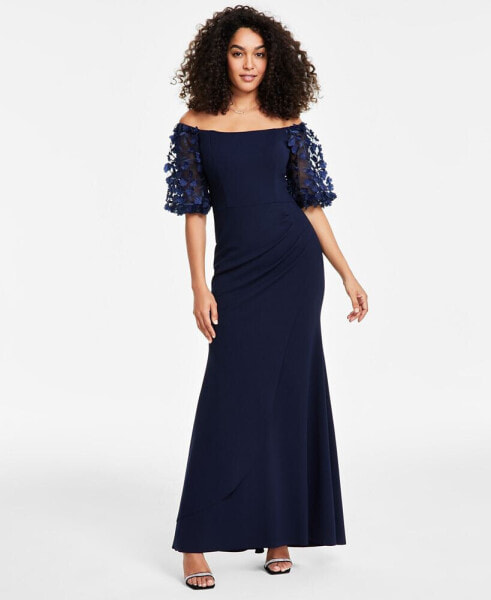 Off-The-Shoulder Floral-Sleeve Gown