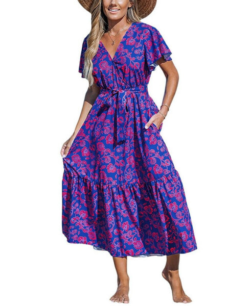 Women's Floral Print V-Neck Lace Maxi Beach Dress