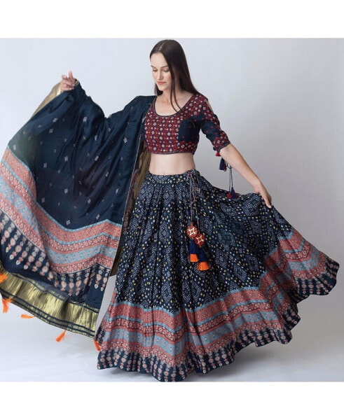 Women's Bandhani Print Lace Up Detail Chaniya Choli with Embroidered Blouse and Dupatta