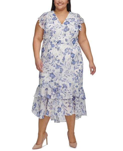 Plus Size Floral-Print Flutter-Sleeve Midi Dress