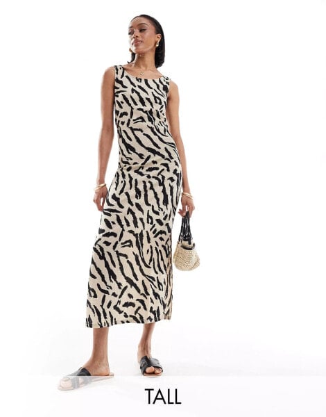 Pieces Tall scoop neck textured jersey maxi dress in beige animal print