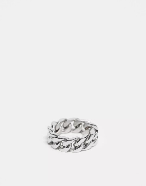 ASOS DESIGN waterproof stainless steel band ring with chain design in silver tone