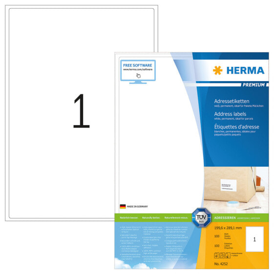 HERMA Address labels Premium A4 199.6x289.1 mm white paper matt 100 pcs. - White - Self-adhesive printer label - A4 - Paper - Laser/Inkjet - Permanent
