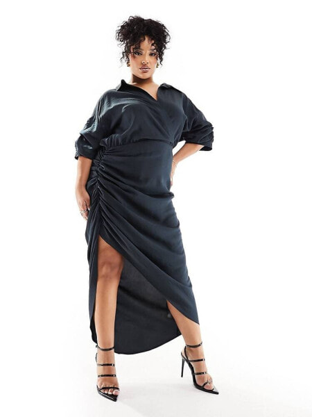 ASOS DESIGN Curve exclusive textured shirt midaxi dress with ruched skirt in charcoal grey