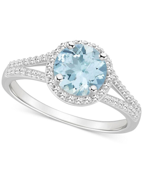 Aquamarine (1-1/4 ct. t.w.) & Diamond (1/4 ct. t.w.) Halo Split Shank Ring in Sterling Silver