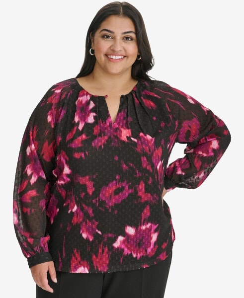 Plus Size Floral-Print Pleated Blouse