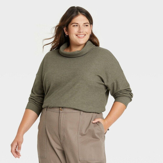 Women's Plus Size Long Sleeve Turtleneck Waffle T-Shirt - A New Day Green 3X