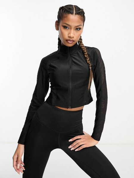 HIIT gloss highneck zip front top with mesh detailing