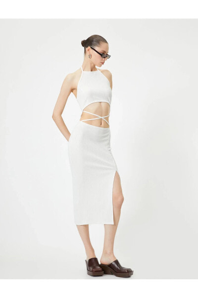 Halter Yaka Elbise Midi Pencere Detaylı Önden Yırtmaçlı Slim Fit