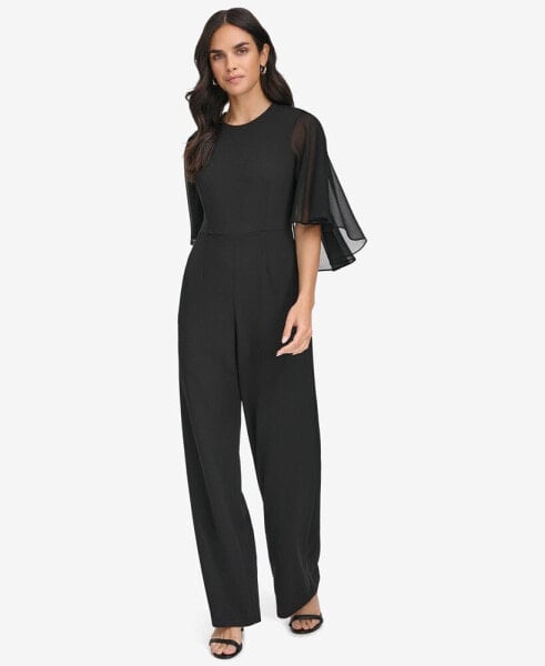 Women's Chiffon-Cape-Sleeve Scuba-Crepe Jumpsuit