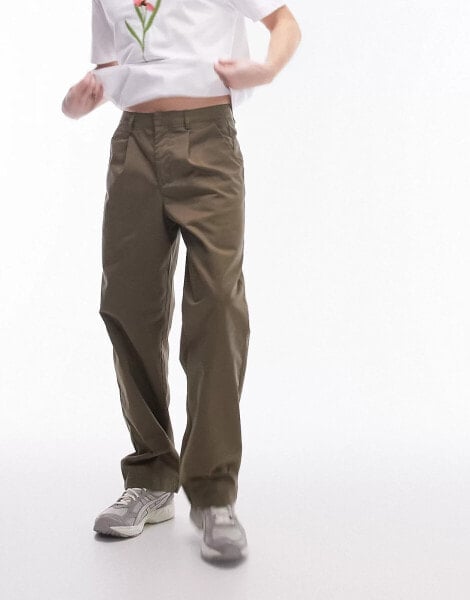 Topman wide leg workwear chino trousers with pleats in khaki