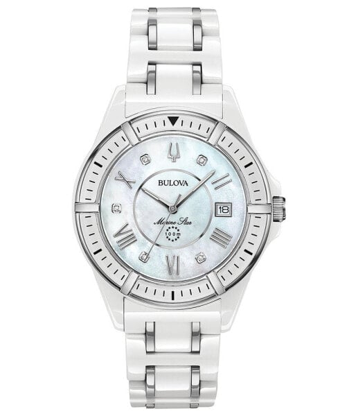 Women's Marine Star Diamond-Accent White & Silver-Tone Ceramic Bracelet Watch 37mm