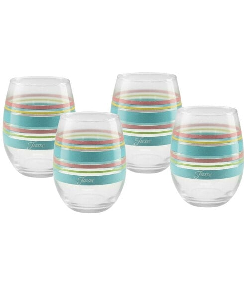 Deco Fashion Peony Stripes Stemless 4 Piece Wine Glass Set, 15 oz