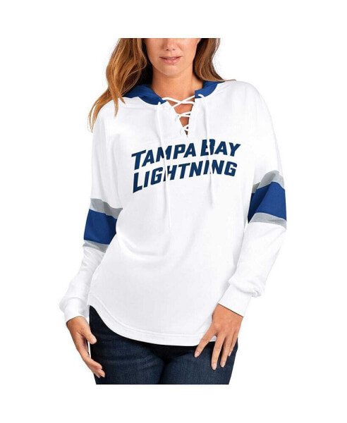 Women's White, Blue Tampa Bay Lightning Goal Zone Long Sleeve Lace-Up Hoodie T-shirt