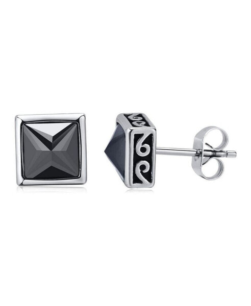 Stainless Steel Black CZ Greek Border Design Square Stud Earrings