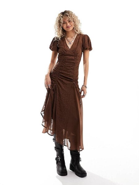 Reclaimed Vintage ruched maxi slip dress in brown