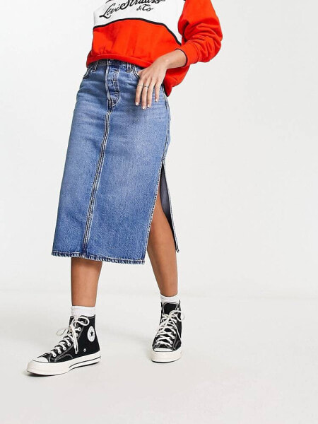 Levi's side split midi skirt in mid wash blue 