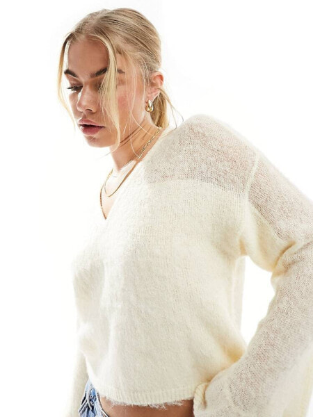 ASOS DESIGN v neck jumper with sheer panelling in cream