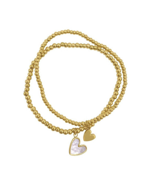 14K Gold Plated Stretch Heart Ball Bracelets with Imitation Mother of Pearl, 2 Pieces