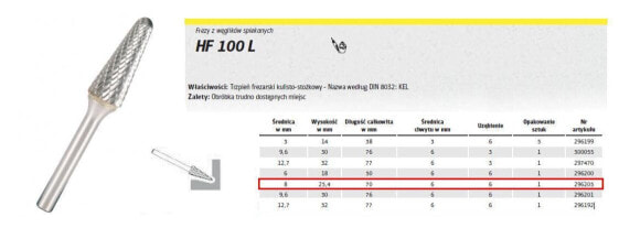 Klingspor Metal Cutter HF 100 л Fi = 8,0x25 мм SLID 6 мм, тип: Kel, Conical