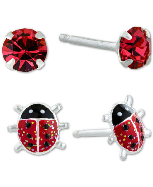 2-Pc. Set Crystal Solitaire & Enamel Ladybug Stud Earrings in Sterling Silver, Created for Macy's