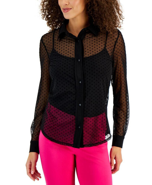 Women's Dotted Mesh Button-Front Shirt