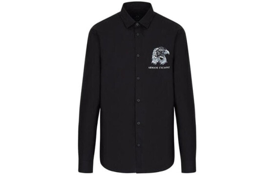 Рубашка с длинным рукавом ARMANI EXCHANGE SS22 с полноцветным логотипом на воротнике для мужчин, черная