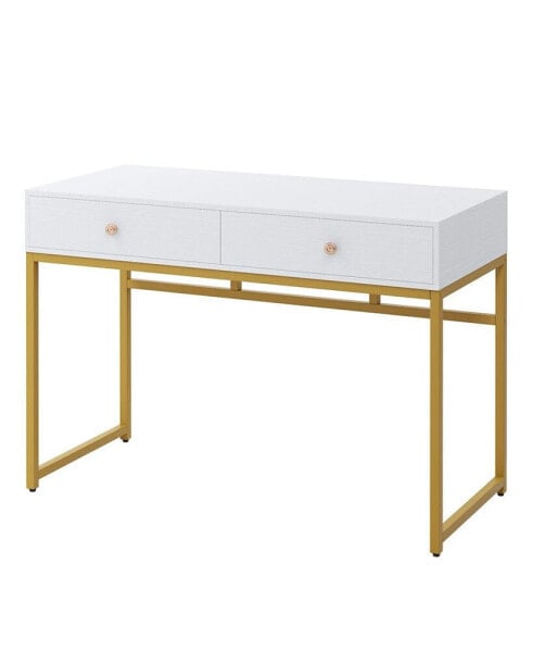 Computer Desk, Modern Simple 47.24 inch Home Office Desk Study Table Writing Desk with 2 Storage Drawers, Makeup Vanity Console Table, White and Gold