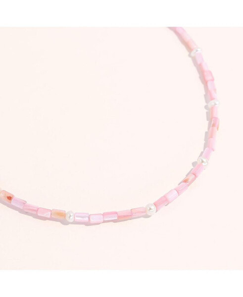 16" Lusia Necklace with Light Pink Dyed Shell Pearls and Freshwater Pearl Accents in 18K Gold Plated Stainless Steel