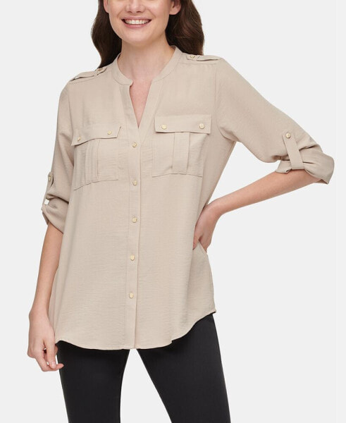 Textured Roll Tab Button Down Shirt