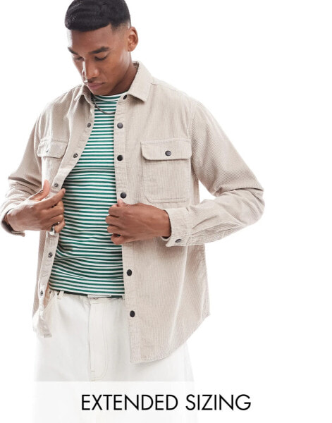 ASOS DESIGN cord overshirt with poppers in stone