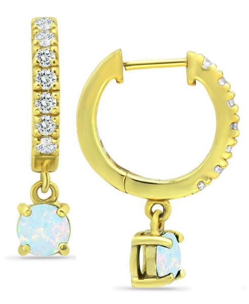 Cubic Zirconia Dangle Drop Huggie Hoop Earring in Sterling Silver or 18k Gold over Silver (Also available in Lab created Opal)