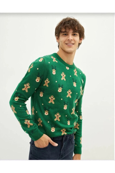 Свитер мужской LC WAIKIKI Зеленый Трикотажный свитер с карманом велосипедным воротником на новогоднюю тему
