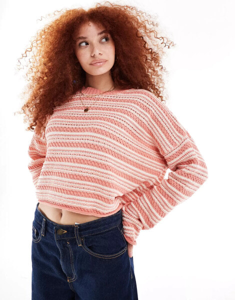 ASOS DESIGN cropped crew neck stitch jumper in peach stripe