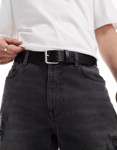 ASOS DESIGN leather belt with burnished silver roller buckle in black