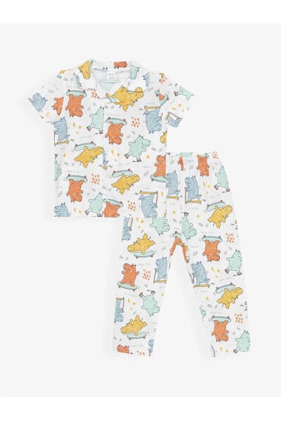 Polo Yaka Kısa Kollu Baskılı Erkek Bebek Pijama Takım