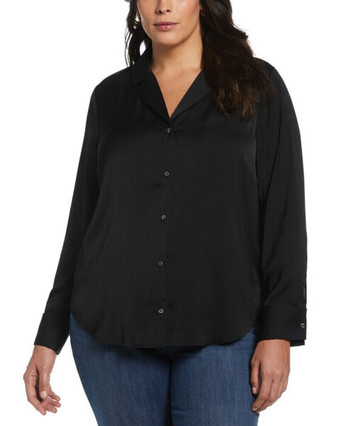 Plus Size Notch Collar Silk Long Sleeve Button-Down Blouse