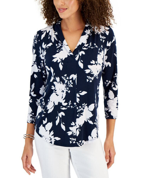 Jm Collection Plus Size Printed 3/4-sleeve Top, Created For Macy's In Deep  Black Combo