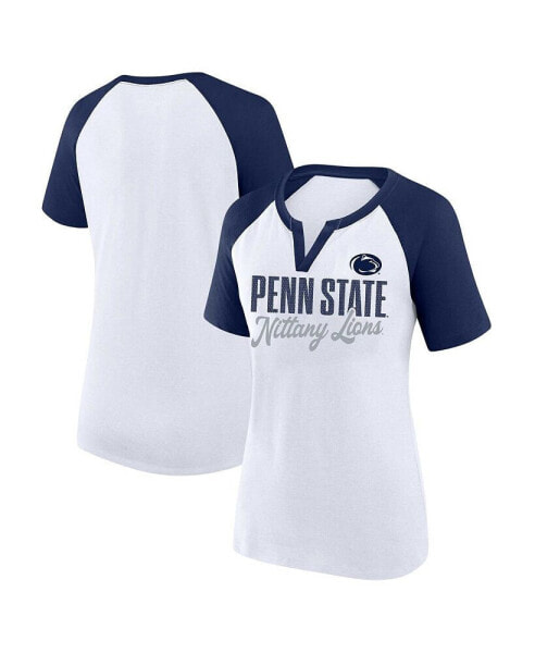 Women's White/Navy Penn State Nittany Lions Plus Size Best Squad Shimmer Raglan Notch Neck T-Shirt