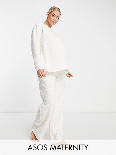 ASOS DESIGN Maternity exclusive lounge borg sweat & trouser set in cream