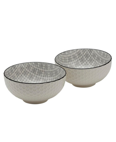 6.5" White Honeycomb Embossed Stoneware Ramen Noodle Bowls, Set of 2