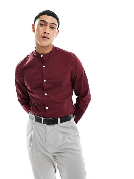 ASOS DESIGN regular shirt with grandad collar in maroon