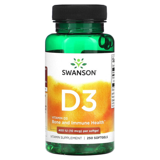 Витамины Swanson Витамин D3, 400 IU (10 мкг), 250 мягких капсул
