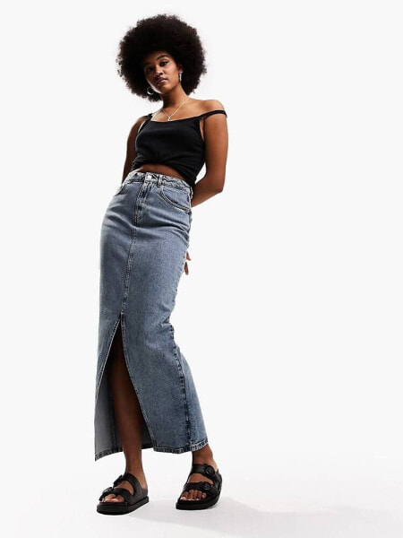 ASOS DESIGN Tall denim midi skirt with split hem in midwash