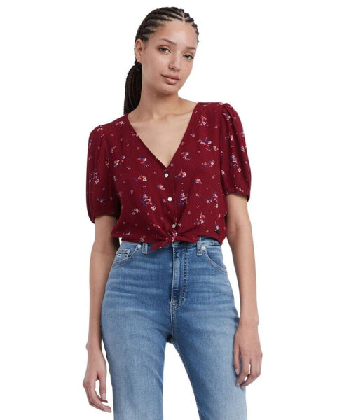 Women's Floral Balloon-Sleeve Tie-Front Blouse